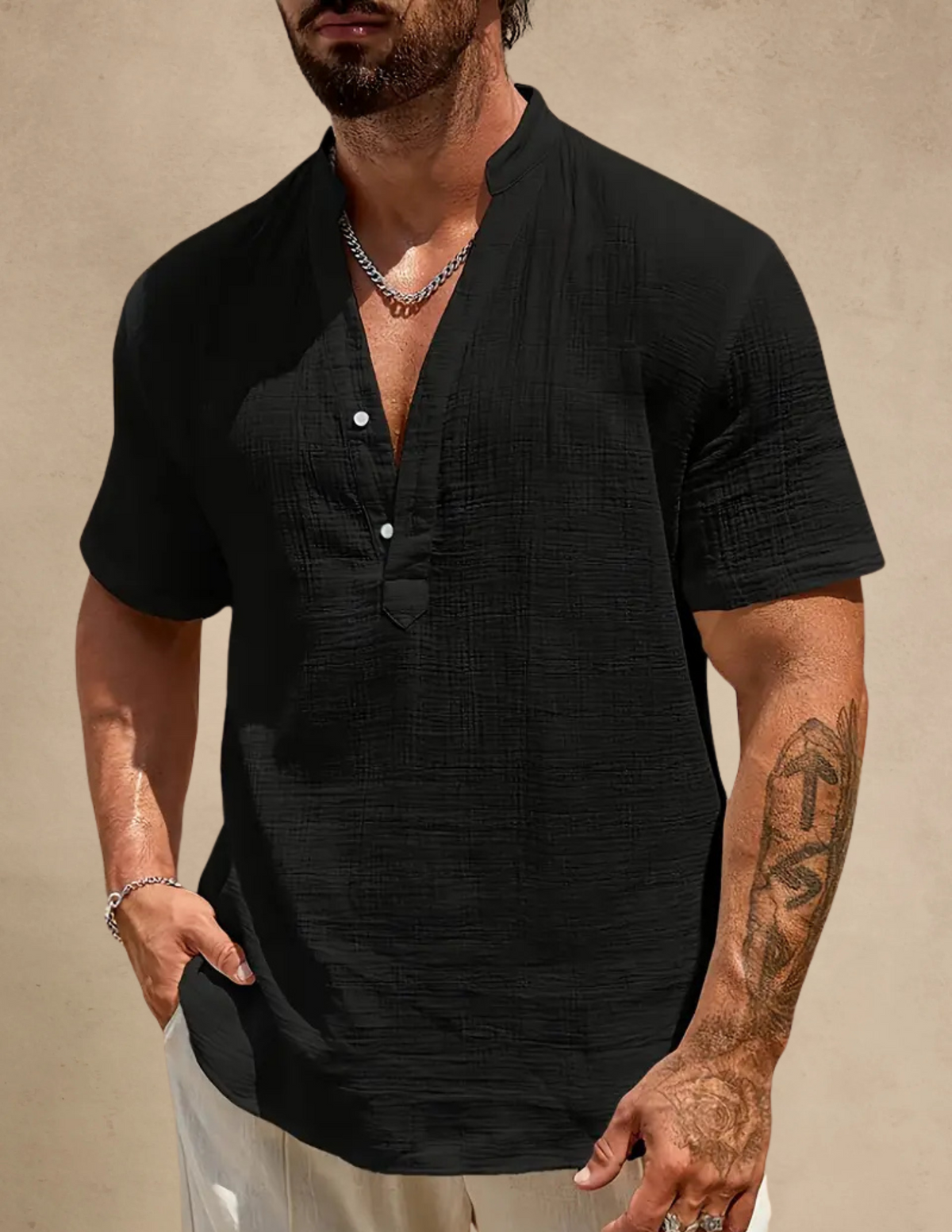 Camicia Uomo Manica Corta con Scollo a V