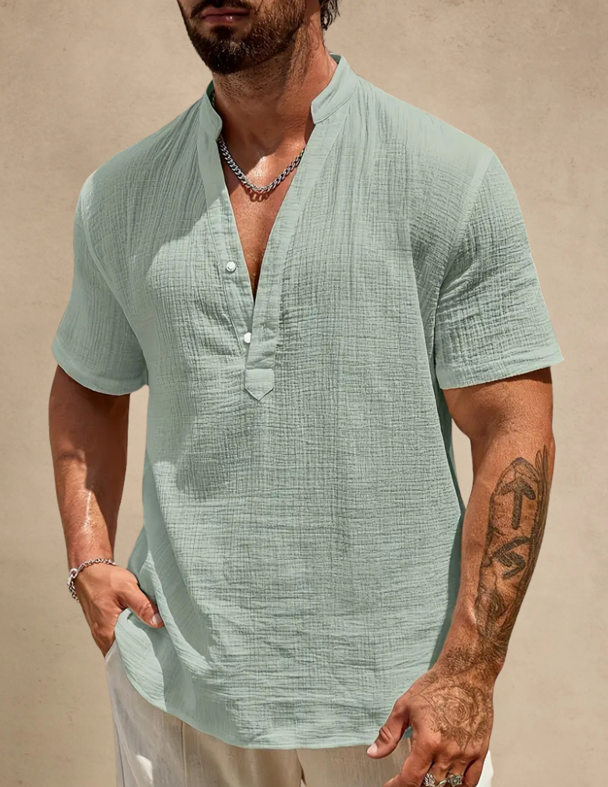 Camicia Uomo Manica Corta con Scollo a V