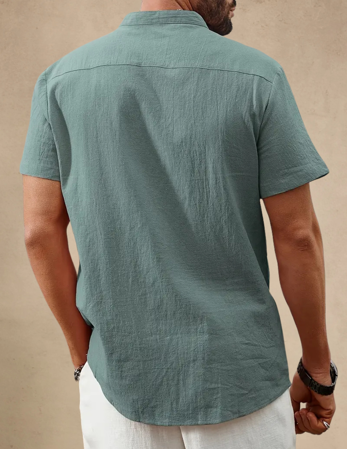 Camicia Uomo Collo Coreano Manica Corta Casual Verde