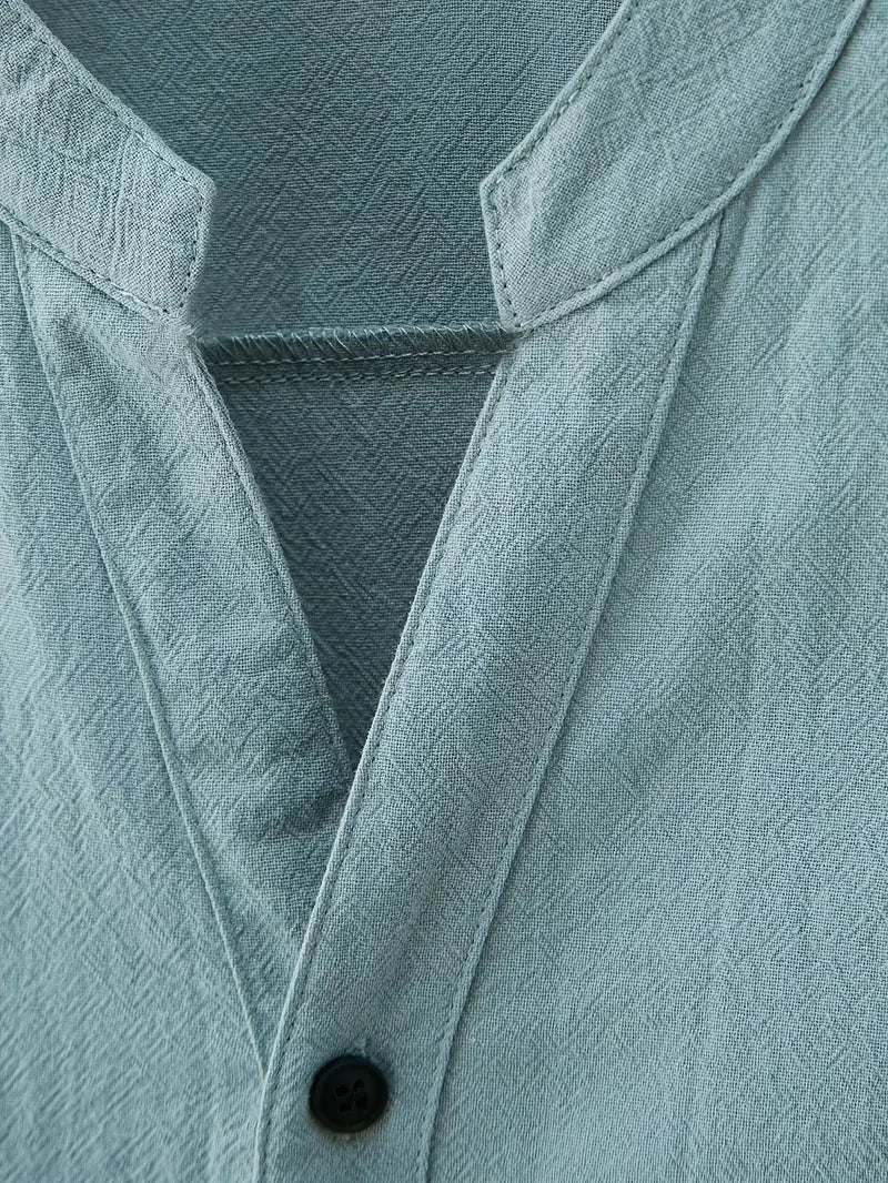 Camicia Uomo Collo Coreano Manica Corta Casual Verde