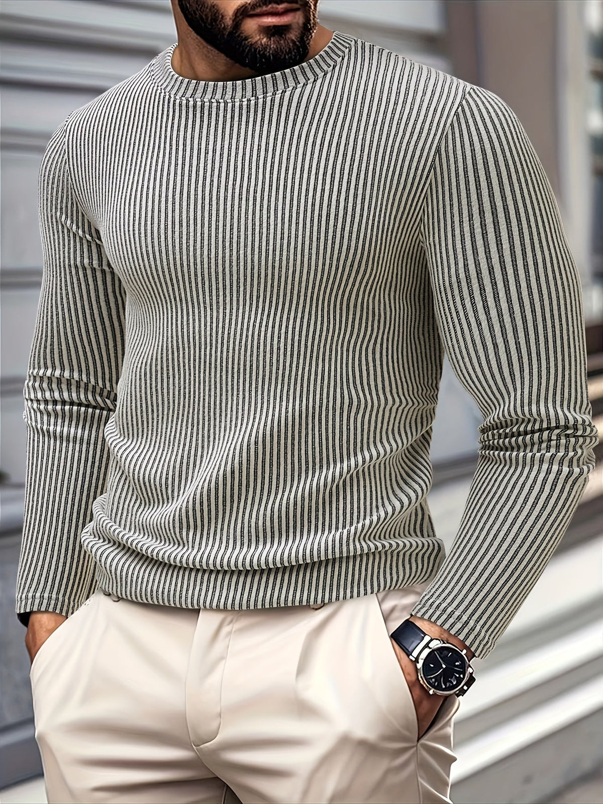 Maglione Uomo a Coste in Maglia Girocollo Casual per Primavera e Autunno