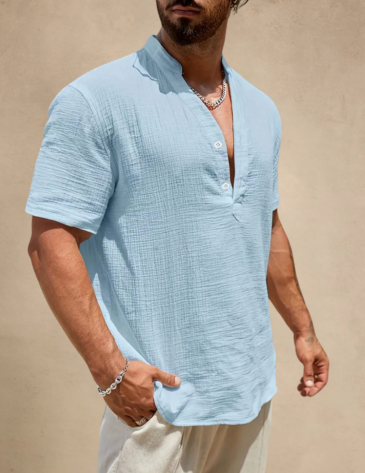 Camicia Uomo Manica Corta con Scollo a V