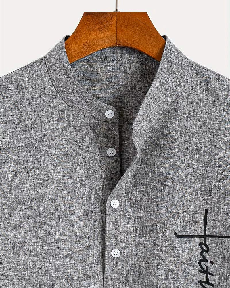 Camicia Uomo Collo Coreano Stampata Manica Corta