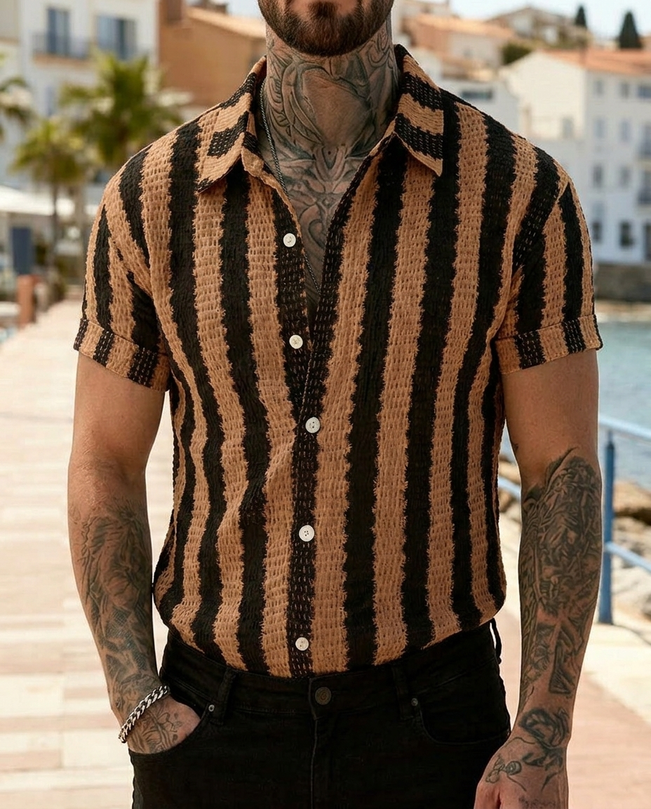 Camicia Uomo a Righe Manica Corta Taglio Ampio