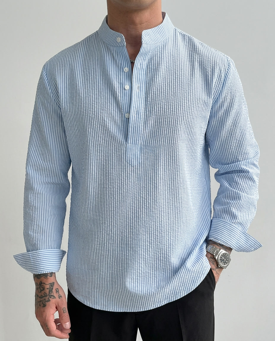 Camicia Uomo a Righe Manica Lunga con Bottoni a Contrasto