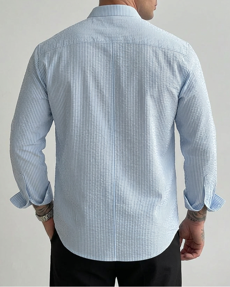 Camicia Uomo a Righe Manica Lunga con Bottoni a Contrasto