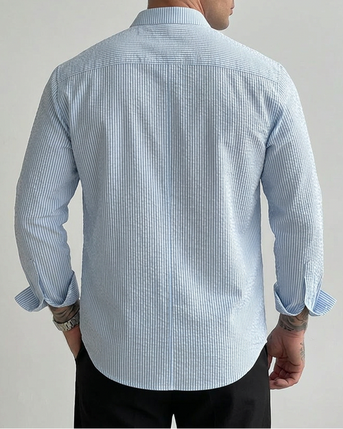 Camicia Uomo a Righe Manica Lunga con Bottoni a Contrasto