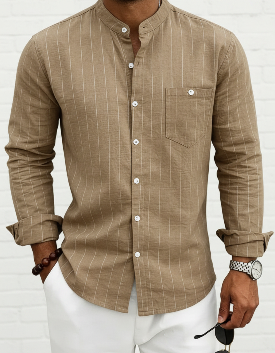 Camicia Uomo a Righe Retro Manica Lunga con Revers