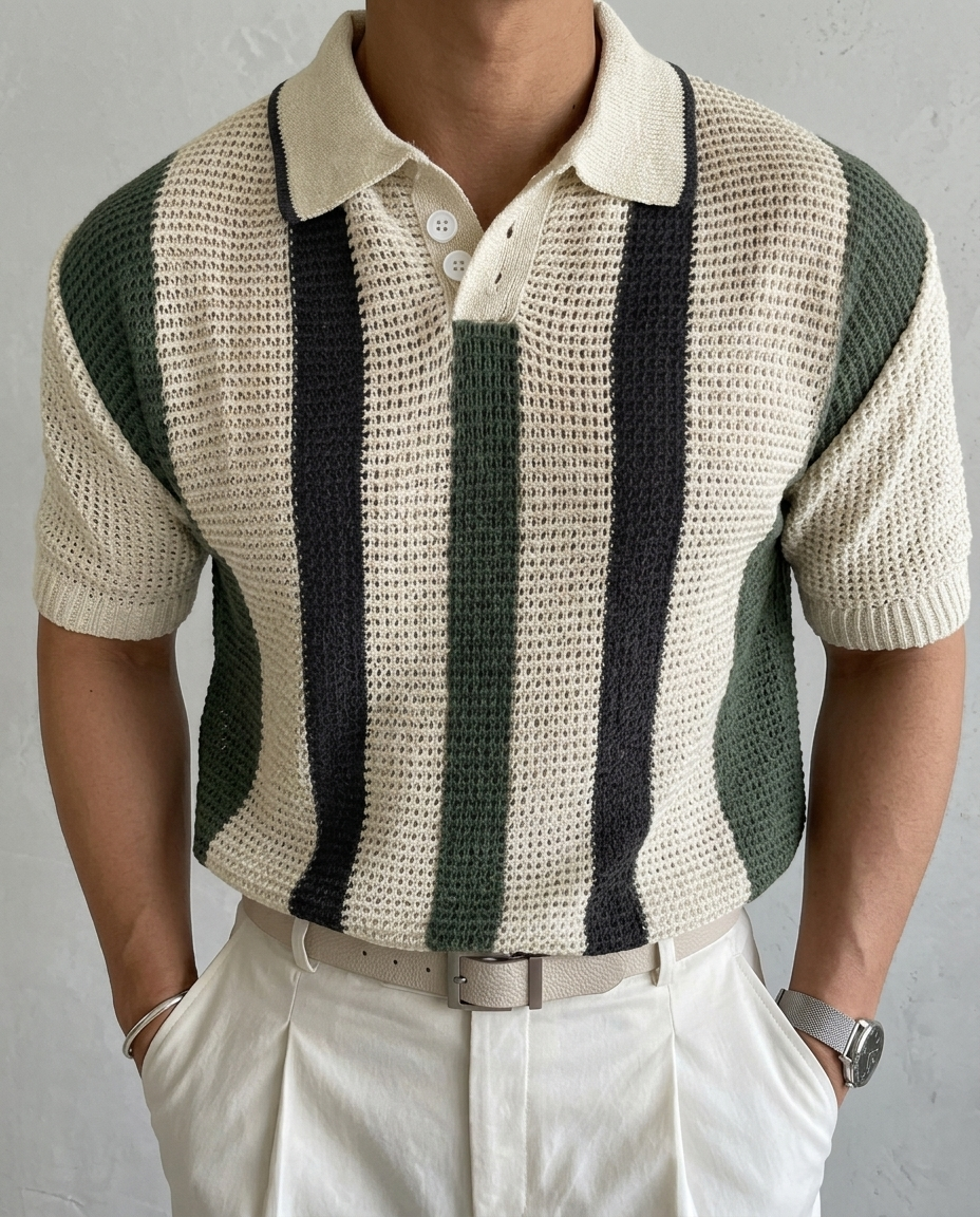 Polo Uomo in Maglia a Righe a Contrasto