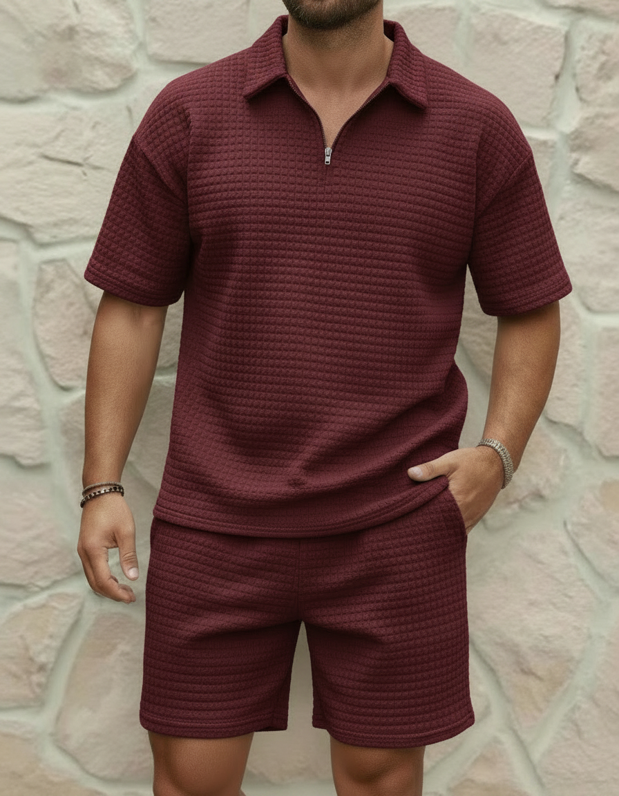 Completo Uomo Polo con Zip e Pantaloncini Waffle