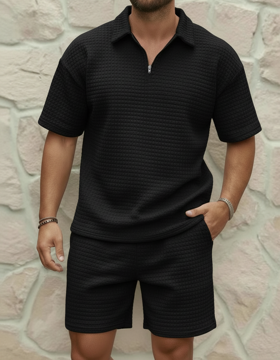 Completo Uomo Polo con Zip e Pantaloncini Waffle