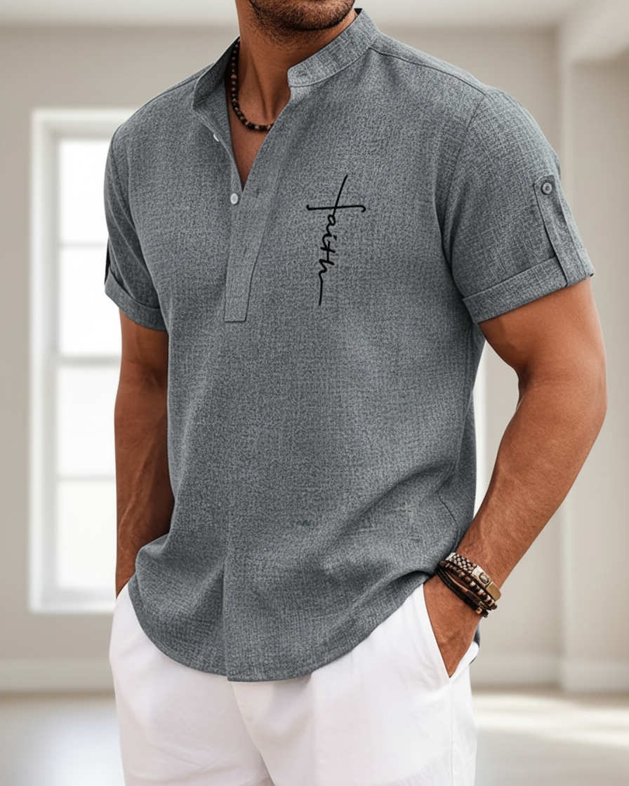 Camicia Uomo Collo Coreano Stampata Manica Corta