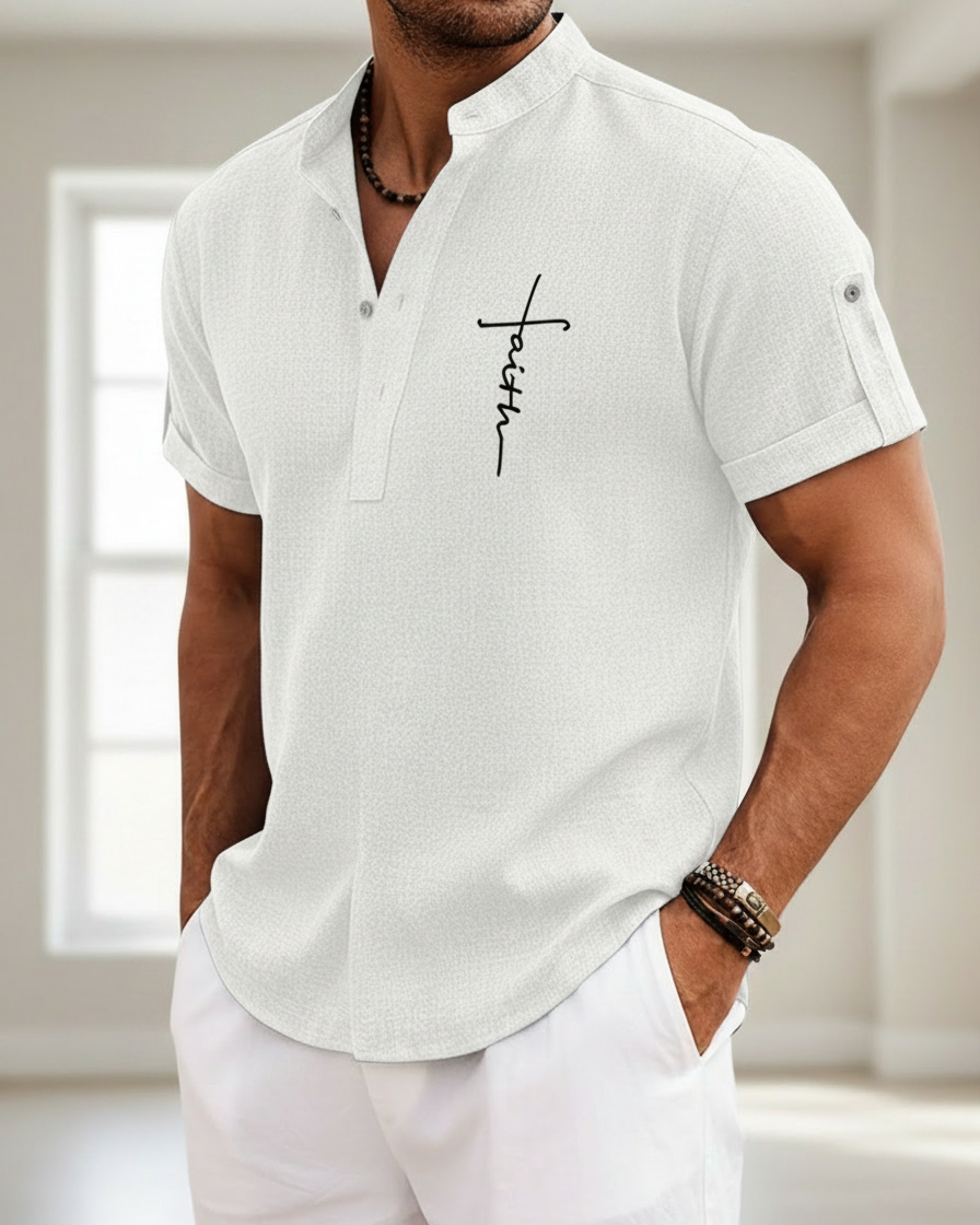 Camicia Uomo Collo Coreano Stampata Manica Corta