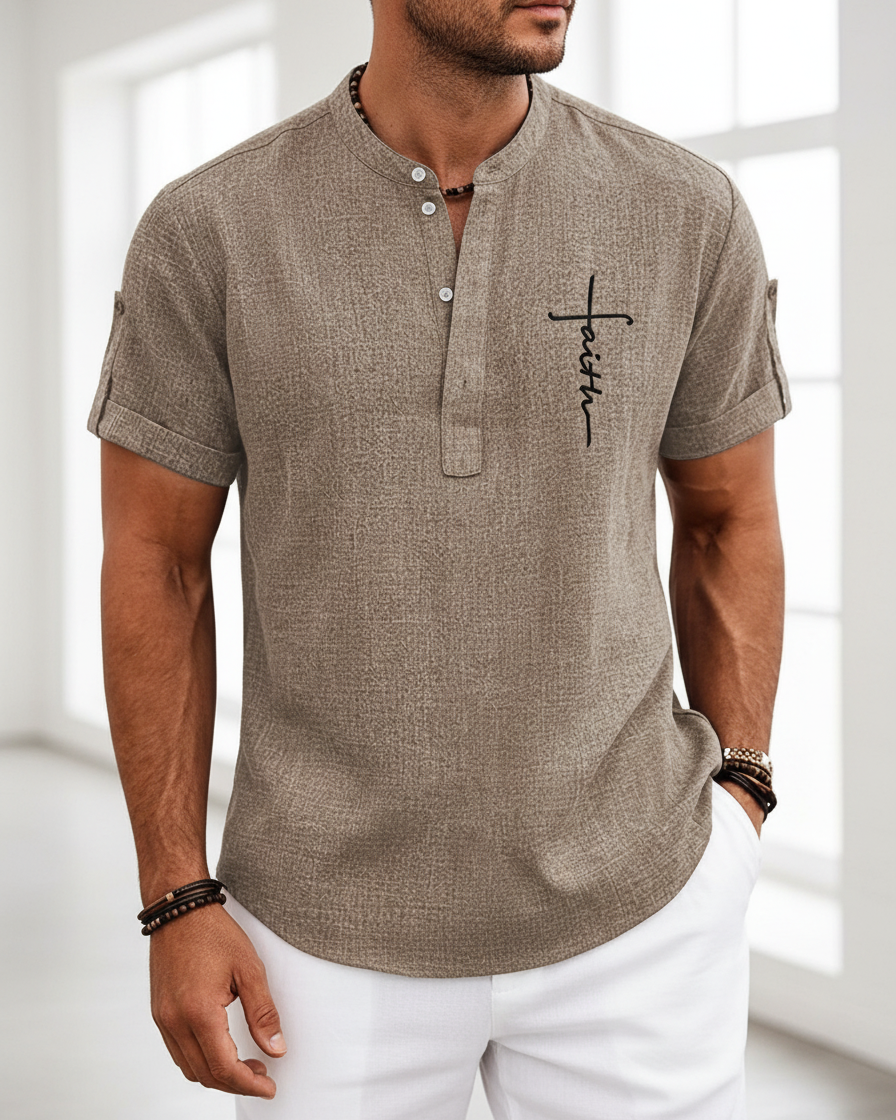 Camicia Uomo Collo Coreano Stampata Manica Corta