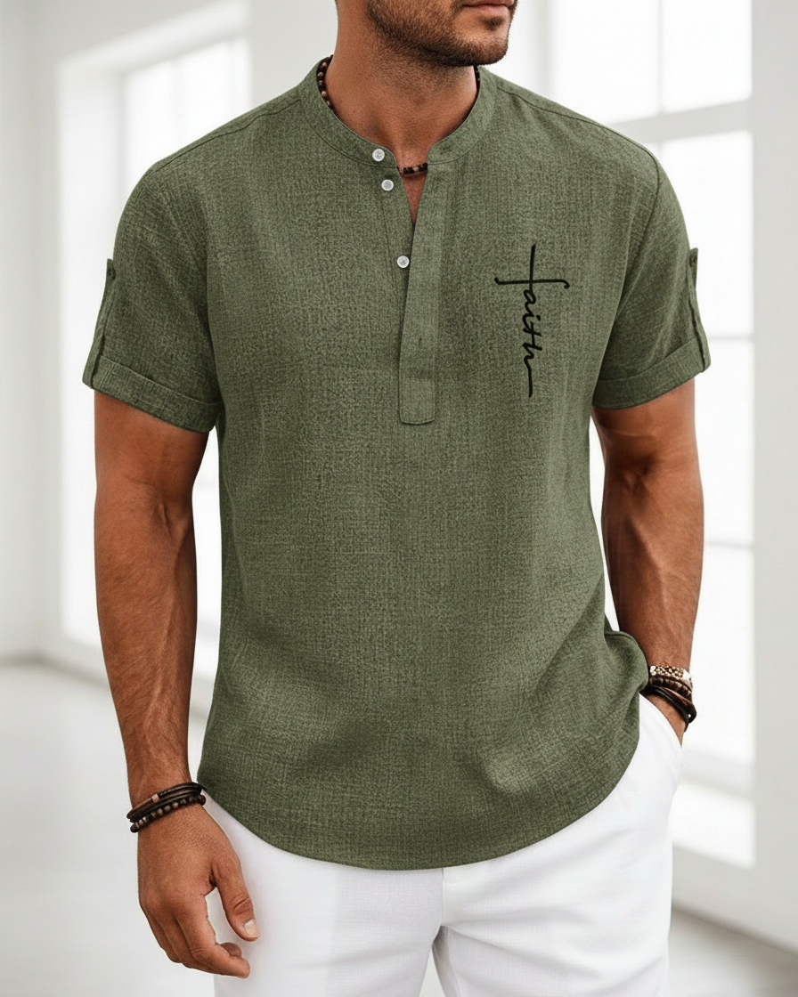 Camicia Uomo Collo Coreano Stampata Manica Corta