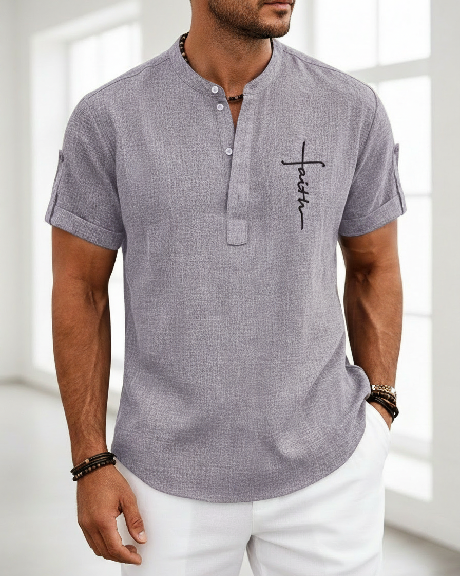 Camicia Uomo Collo Coreano Stampata Manica Corta