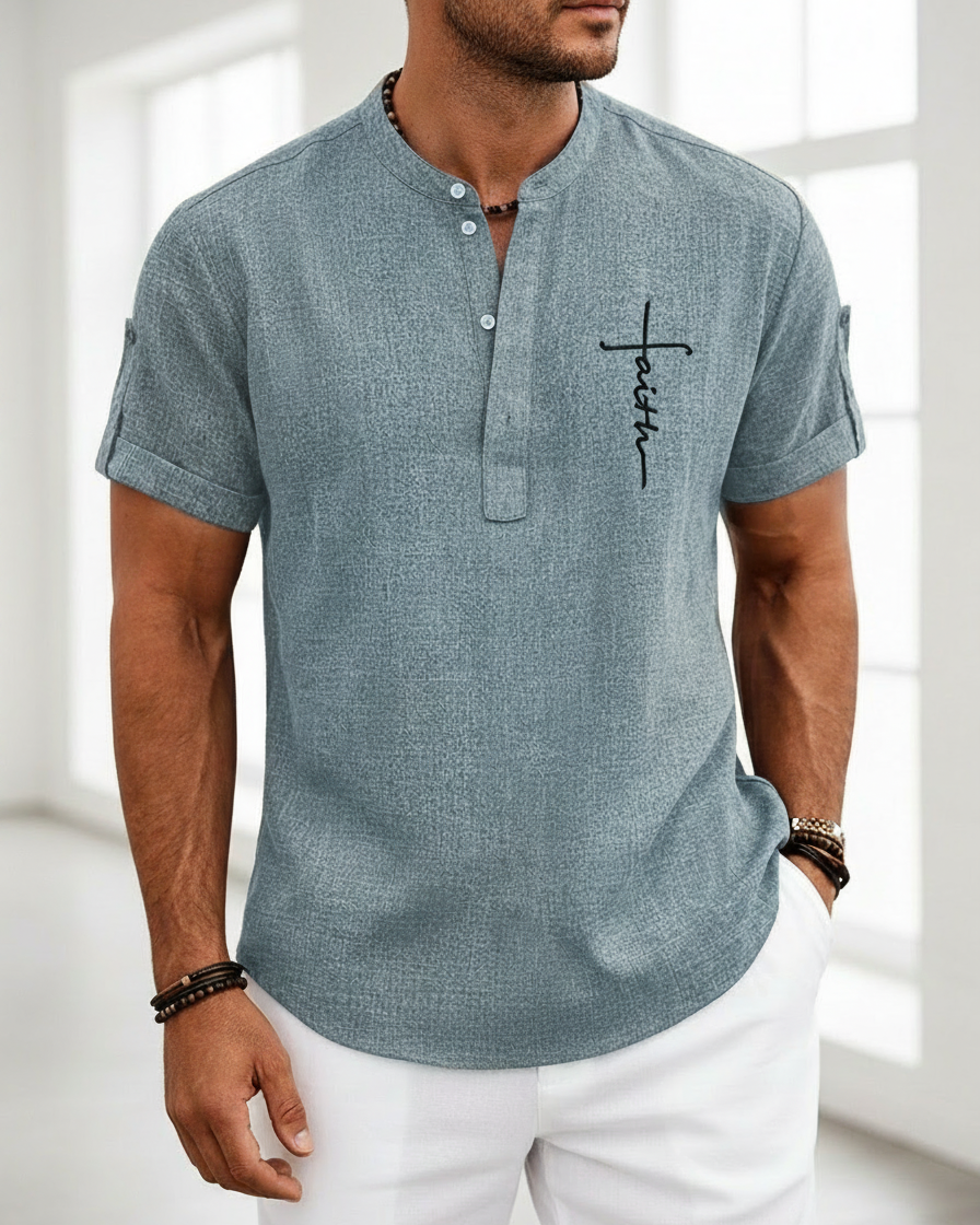 Camicia Uomo Collo Coreano Stampata Manica Corta