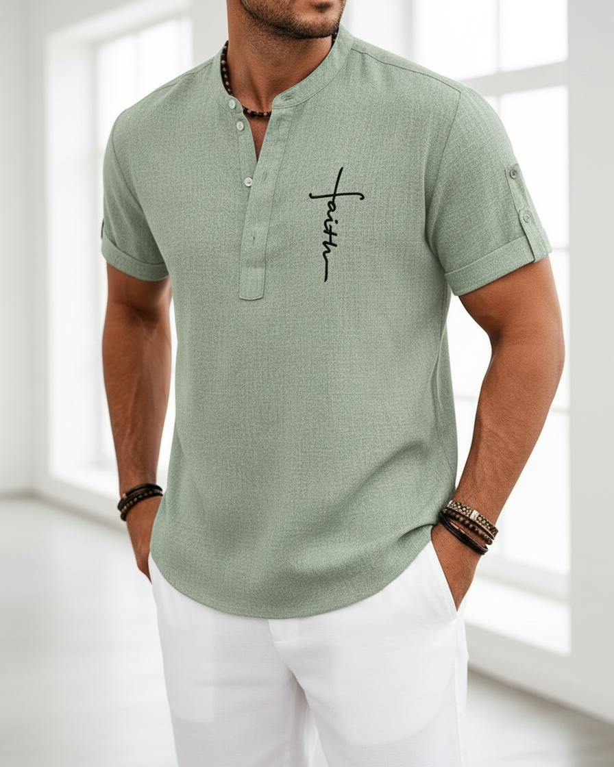 Camicia Uomo Collo Coreano Stampata Manica Corta