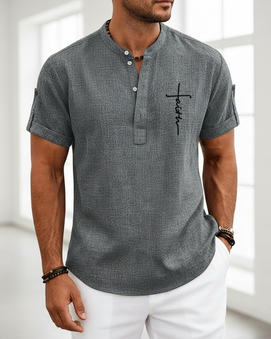 Camicia Uomo Collo Coreano Stampata Manica Corta